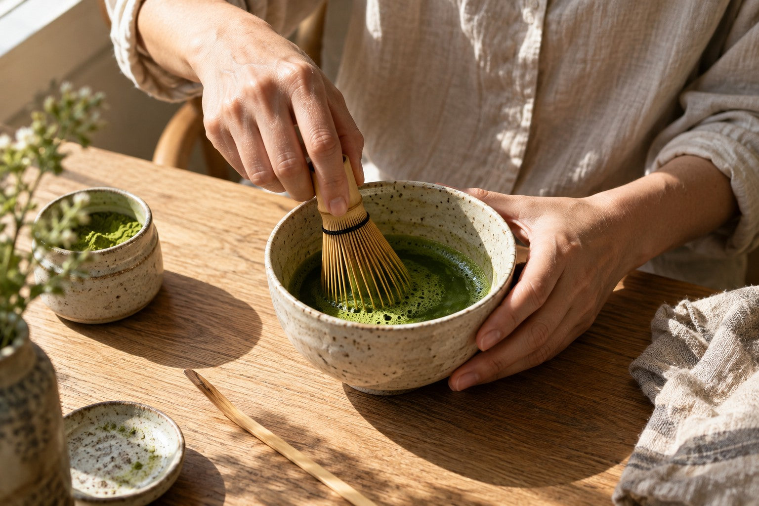 Taking a quiet moment to whisk a bowl of matcha