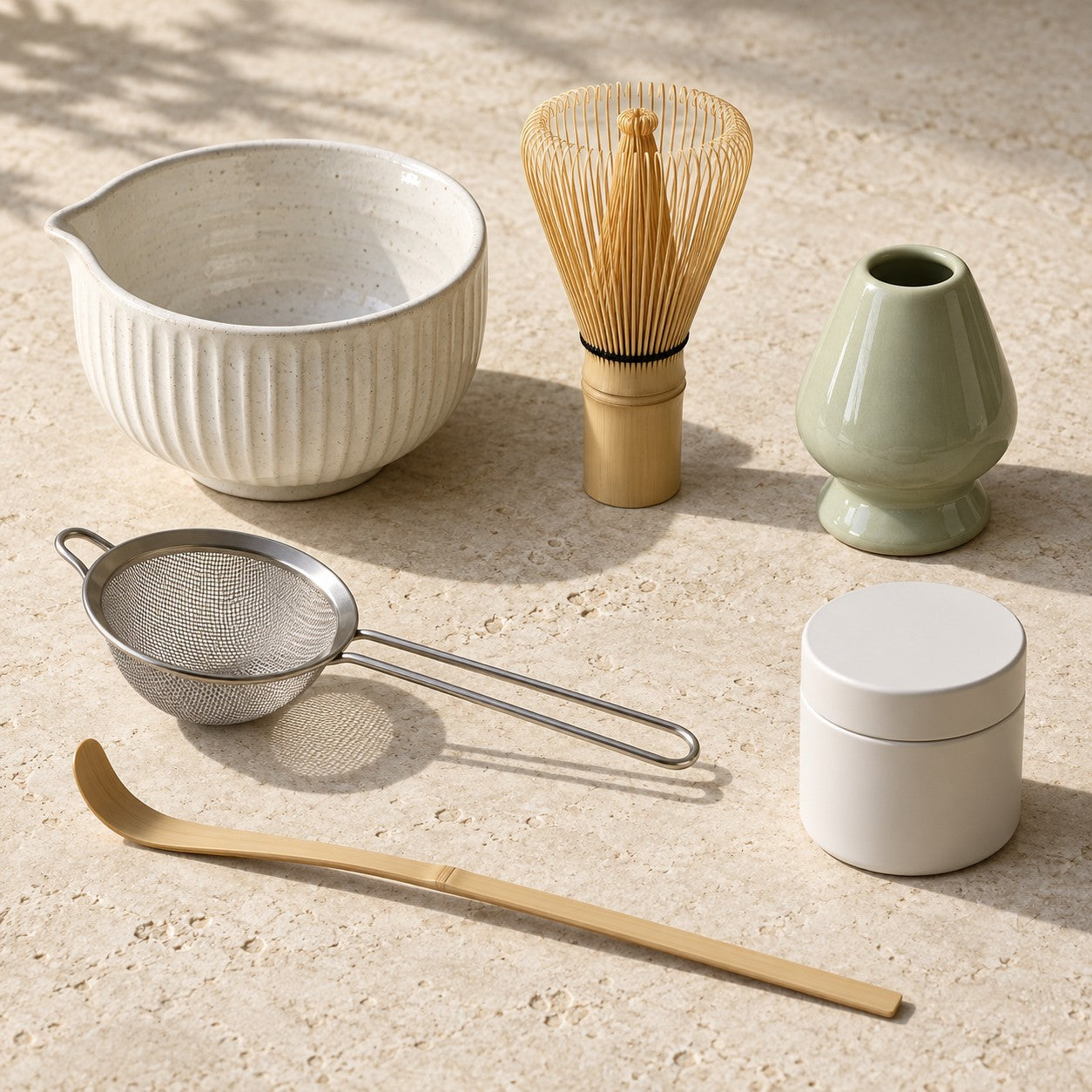 Example tools: ceramic bowl bamboo whisk holder tin scoop and sifter, sold separately