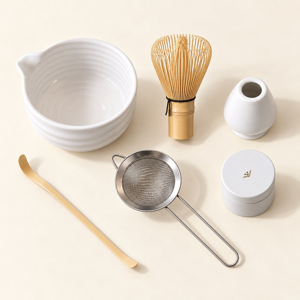 White ribbed matcha bowl, bamboo whisk, white holder and tin, scoop and sifter