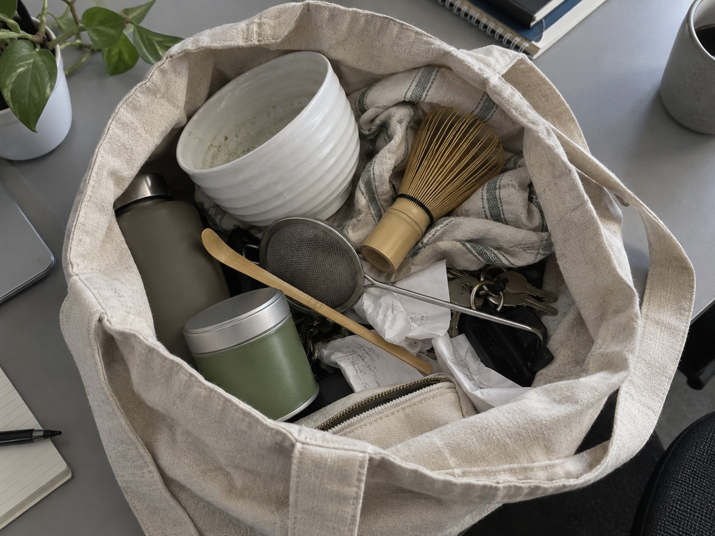 Messy tote with loose tools and tangled cloth