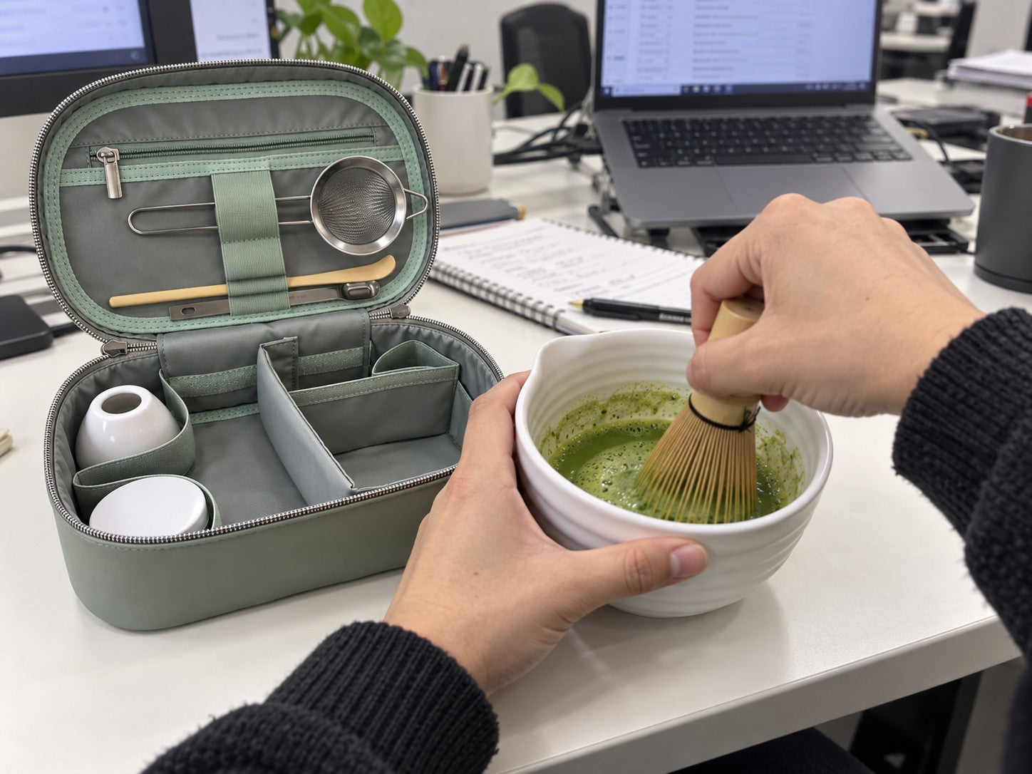 Making matcha at an office desk under realistic white overhead lighting