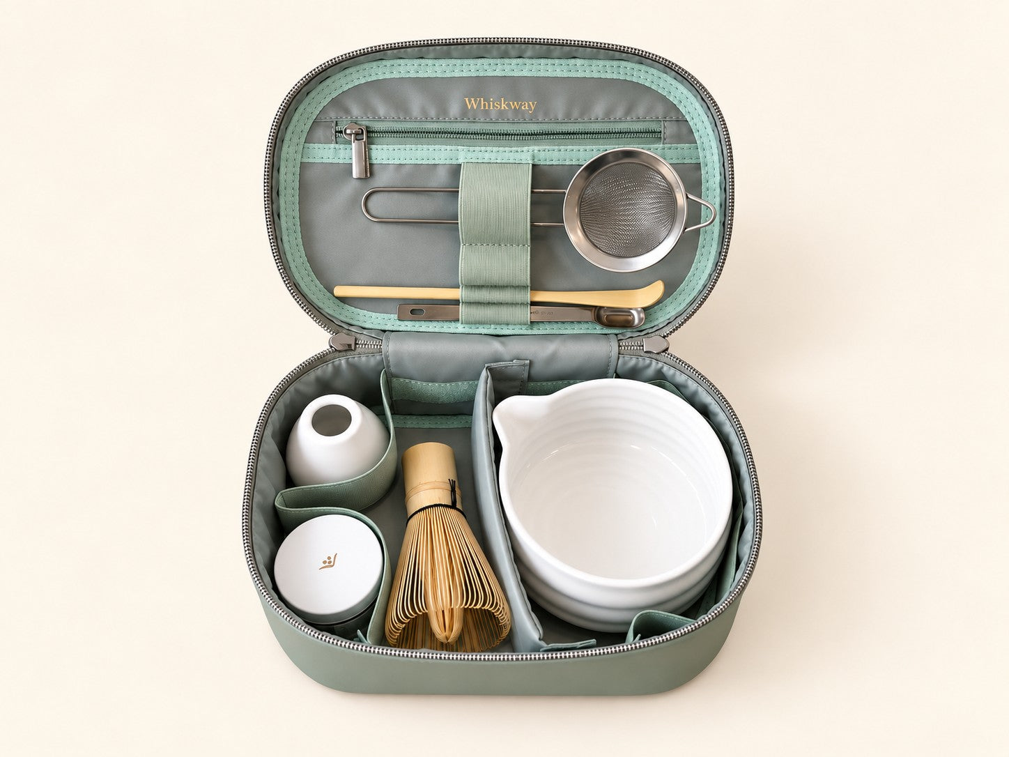 Open Whiskway case with matcha tools arranged inside