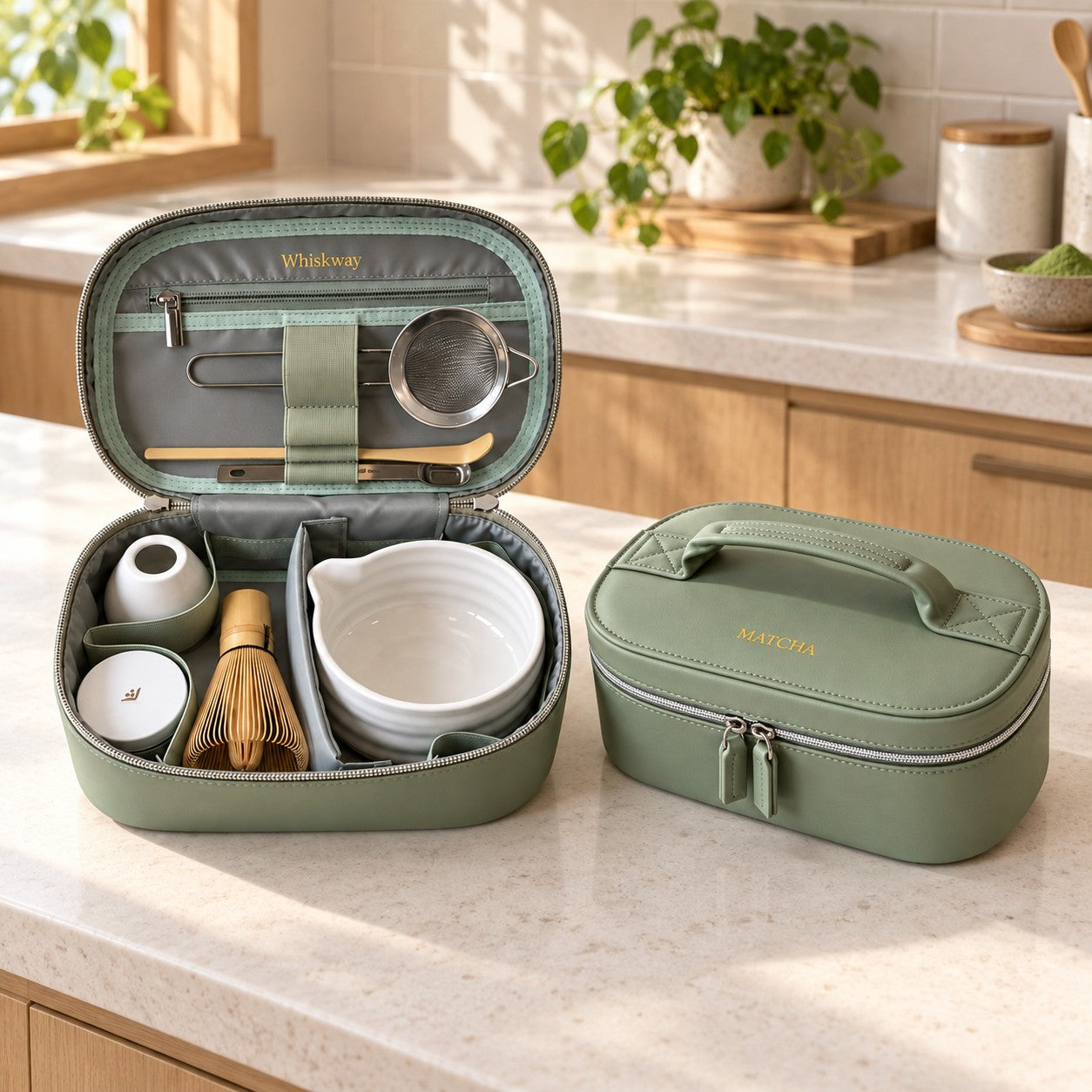 Sage Whiskway travel case shown open with white matcha tools and closed, with gold Whiskway and MATCHA wordmarks